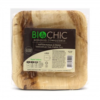 BIOCHIC PIATTO FONDO QUADRATO IN FOGLIA DI PALMA MONOUSO COMPOSTABILE DIAMETRO 18 CM 6 PEZZI, ACCESSORI TAVOLA USA E GETTA, S171039, 104706