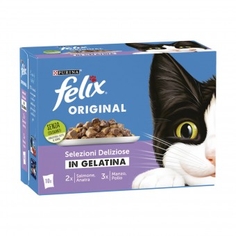 FELIX ORIGINAL 10 BUSTE IN GELATINA DA 85 GR. 2 SALMONE 2 ANATRA 3 MANZO 3 POLLO, NUTRIZIONE, S171172, 105003