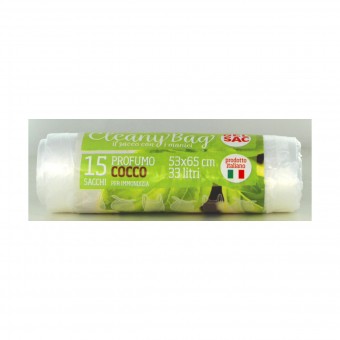 GEL SAC ROTOLO 15 SACCHI SHOPPERS PATTUMIERA CON MANICI 53x65 CM 33 LITRI TRASPARENTE PROFUMO COCCO, SACCHETTI SPAZZATURA, S150484, 65769