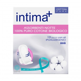 INTIMA+ ASSORBENTI NOTTE 100% PURO COTONE BIOLOGICO CON ALI IPOALLERGENICI 10 PZ, ASSORBENTI ESTERNI, S156529, 70342