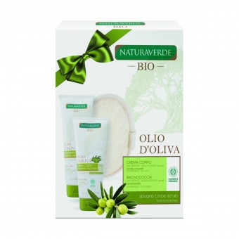 NATURAVERDE BIO COFANETTO OLIO D'OLIVA - BAGNODOCCIA 250 ML + CREMA CORPO 200 ML + SPUGNA SCRUB, CONFEZIONI REGALO, S156378, 70406