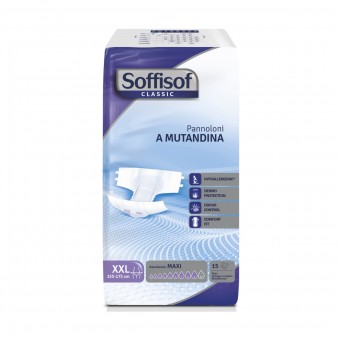 SOFFISOF PANNOLONI MUTANDINA ADULTI MISURA XXL GIRO VITA 155-175 CM BUSTA 15 PEZZI ASSORBENZA MAXI 9 GOCCE DISPOSITIVO MEDICO C, INCONTINENZA ADULTI, S155227, 70701