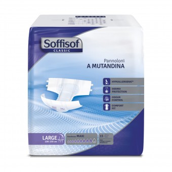 SOFFISOF PANNOLONI MUTANDINA ADULTI MISURA LARGE GIRO VITA 100-150 CM BUSTA 15 PEZZI ASSORBENZA MAXI 9 GOCCE DISPOSITIVO MEDICO, INCONTINENZA ADULTI, S155226, 70702