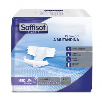 SOFFISOF PANNOLONI MUTANDINA ADULTI MISURA MEDIUM GIRO VITA 70-110 CM BUSTA 15 PEZZI ASSORBENZA MAXI 9 GOCCE DISPOSITIVO MEDICO, INCONTINENZA ADULTI, S155225, 70703