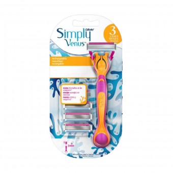 GILLETTE VENUS SIMPLY RASOIO 3 LAME + MANICO e 3 RICAMBI, LAME E RASOI PER DONNA, S154458, 70912