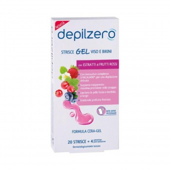 DEPILZERO 20 STRISCE GEL VISO e BIKINI CON ESTRATTO DI FRUTTI ROSSI + 4 SALVIETTE POST-EPILAZIONE, STRISCE DEPILATORIE, S153220, 71324