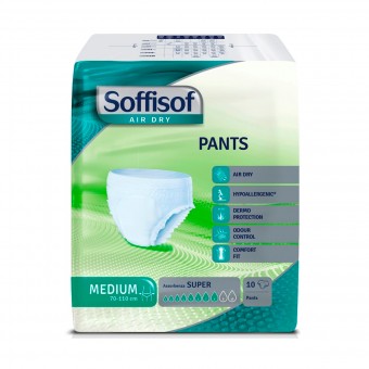 SOFFISOF PANTS PULL UP AIR DRY MEDIUM GIRO VITA 70/110cm 40/70 kg ASSORBENZA SUPER 8 GOCCE 10 PEZZI DISPOSITIVO MEDICO CE DI CL, INCONTINENZA ADULTI, S140388, 74608