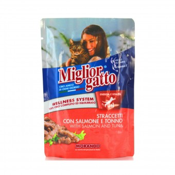 MIGLIOR GATTO STRACETTI SALMONE e TONNO BUSTA 100 GRAMMI , NUTRIZIONE, S028253, 74859