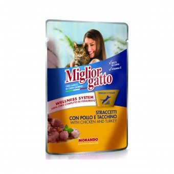 MIGLIOR GATTO STRACETTI CON POLLO e TACCHINO BUSTA 100 GRAMMI, NUTRIZIONE, S028254, 74860
