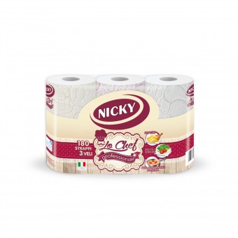 NICKY CARTA CUCINA ASCIUGATUTTO LO CHEF PROFESSIONALE 3 ROTOLI 180 STRAPPI 3 VELI, ASCIUGAMANI E CARTA CASA, S128678, 76340