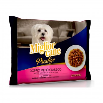 MIGLIOR CANE PRESTIGE BOCCONCINI MENU' CLASSICO 4 BUSTE DA 100 GRAMMI: 2 BUSTE MANZO - 2 BUSTE POLLO E TACCHINO, NUTRIZIONE, S132621, 81370
