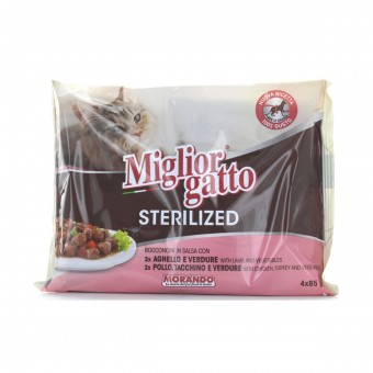 MIGLIOR GATTO STERILIZED BOCCONCINI CARNE 4 BUSTE DA 85 GRAMMI: 2 BUSTE POLLO TACCHINO E VERDURE - 2 BUSTE AGNELLO E VERDURE, NUTRIZIONE, S132619, 84110