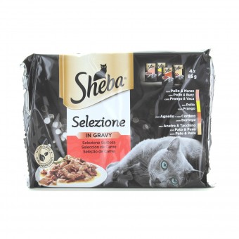 SHEBA SELEZIONE GUSTOSA IN SALSA DI CARNE 4 BUSTE DA 85 GRAMMI (POLLO&MANZO - POLLO - AGNELLO - ANATRA&TACCHINO), NUTRIZIONE, S160116, 87923