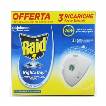 RAID NIGHT&DAY ELETTRICO 3 RICARICHE PER ZANZARA TIGRE e COMUNE, INSETTICIDI VOLANTI, S147748, 92861