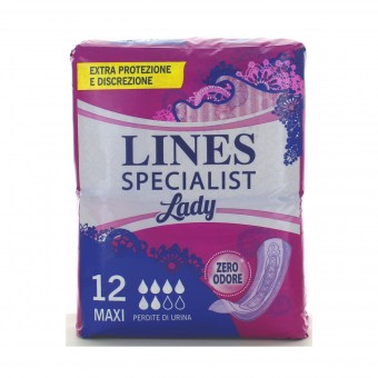 LINES SPECIALIST GIORNO E NOTTE ULTRA SOTTILE MAXI 12 PEZZI ANTI-ODORE ASSORBENTI (ex LINES PERLA MAXI), INCONTINENZA ADULTI, S130472, 93342